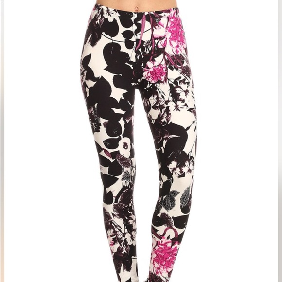 Regular & Plus Size Black and Pink Floral Leggings - Picture 1 of 6